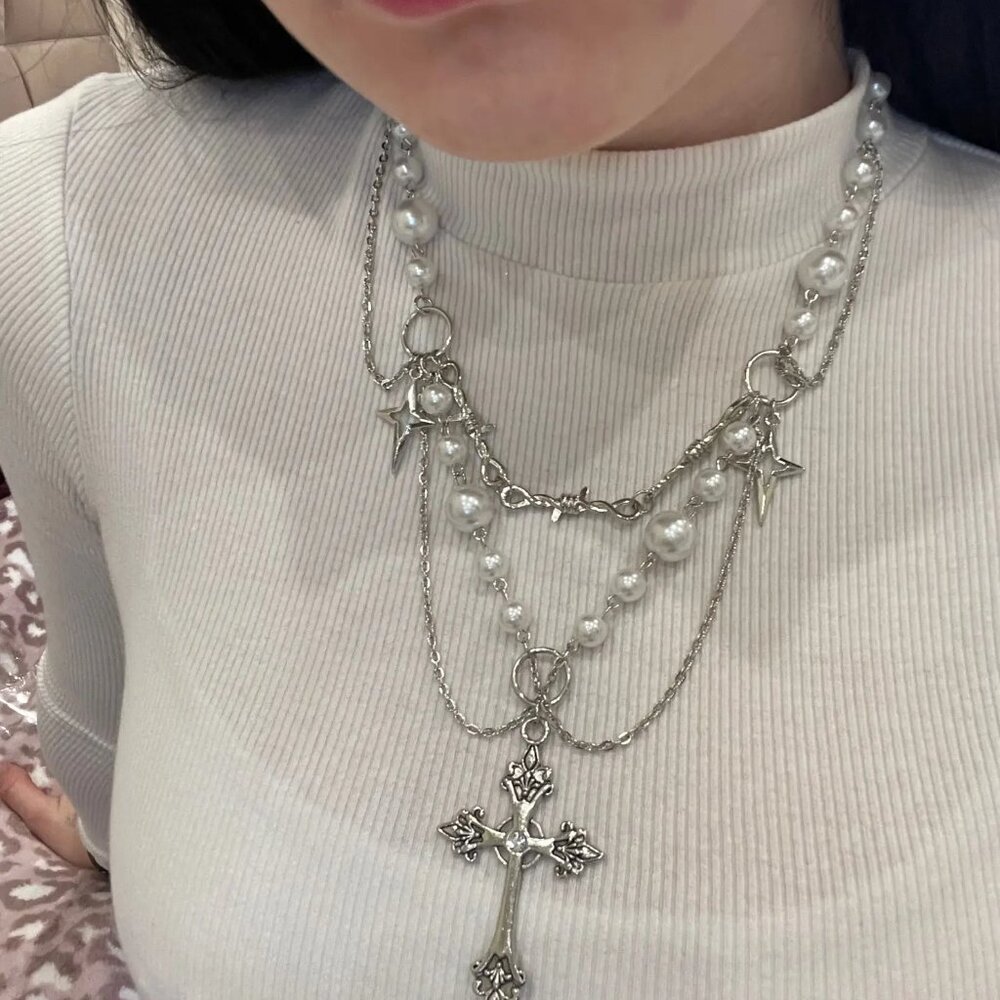 Gothic Punk Cross Rosary Necklace
